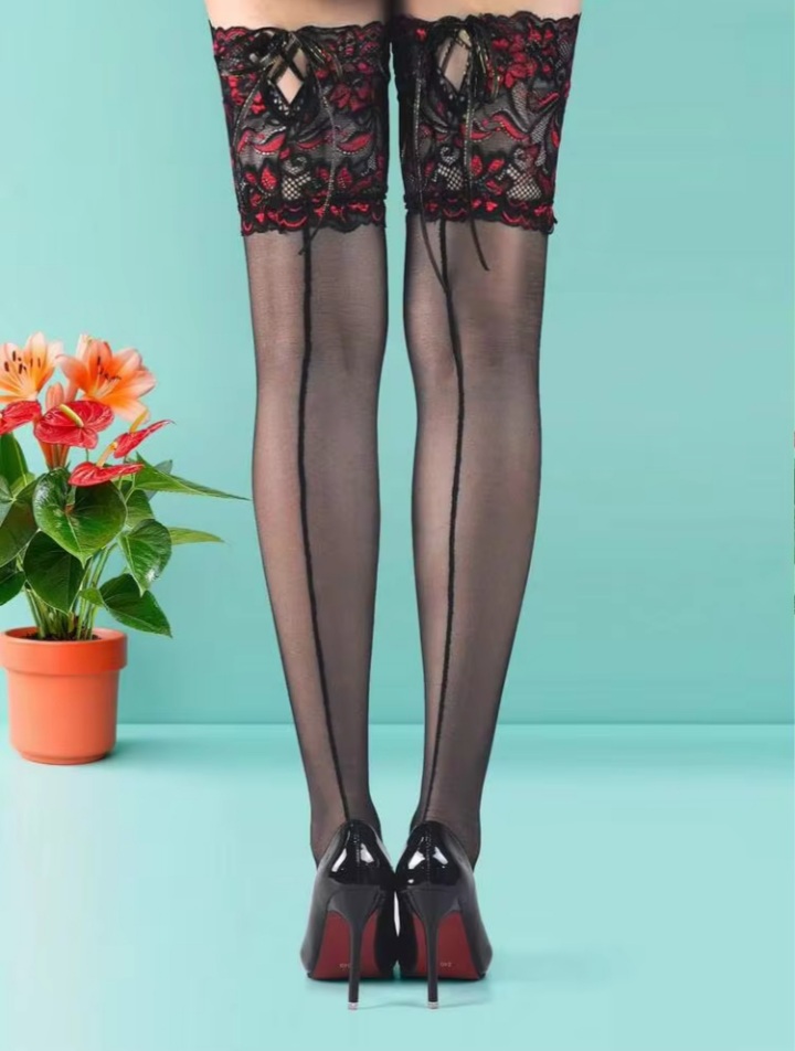 Black Sheer Thigh High Stockings with Red Floral Lace Top & Ribbon Tie